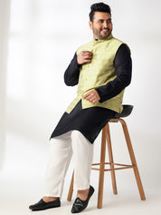 Men's Cotton Blend Black Kurta With White Pyjama & Yellow Nehru Jacket
