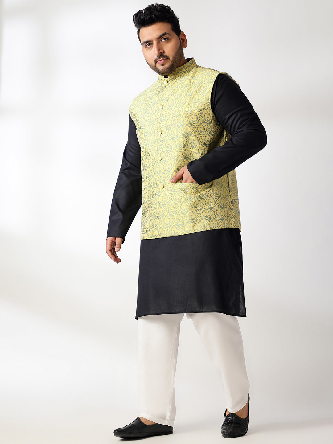 Men's Cotton Blend Black Kurta With White Pyjama & Yellow Nehru Jacket