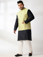 Men's Cotton Blend Black Kurta With White Pyjama & Yellow Nehru Jacket