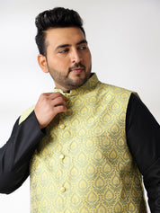 Men's Cotton Blend Black Kurta With White Pyjama & Yellow Nehru Jacket
