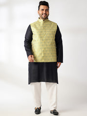 Men's Cotton Blend Black Kurta With White Pyjama & Yellow Nehru Jacket