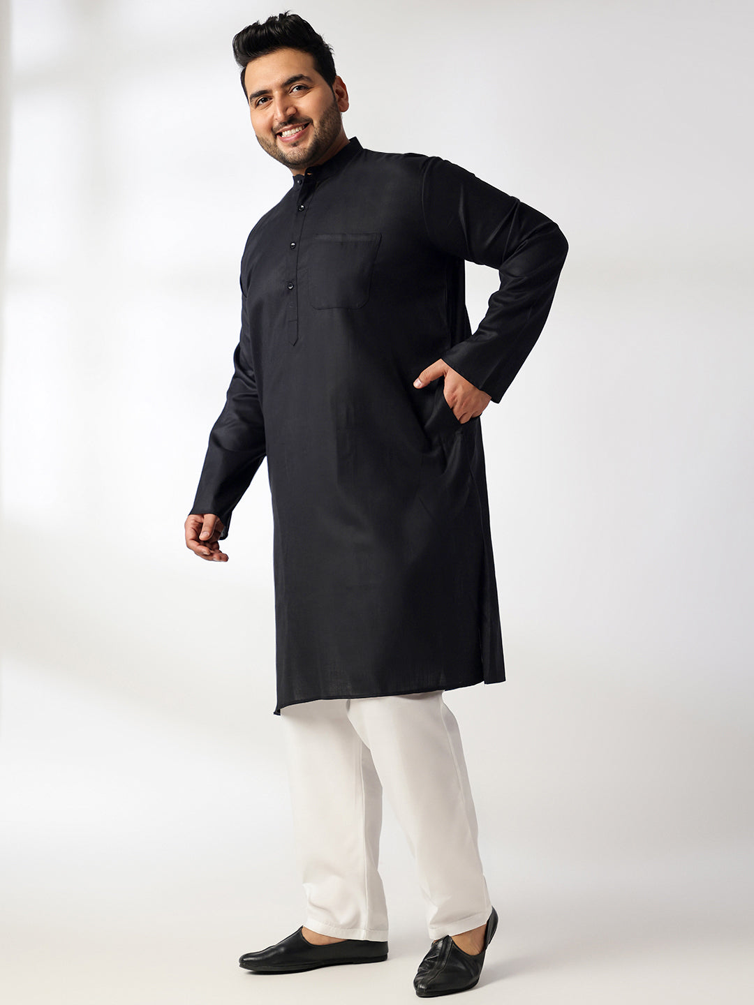 Men's Cotton Blend Black Kurta With White Pyjama & Yellow Nehru Jacket