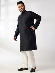 Men's Cotton Blend Black Kurta With White Pyjama & Yellow Nehru Jacket