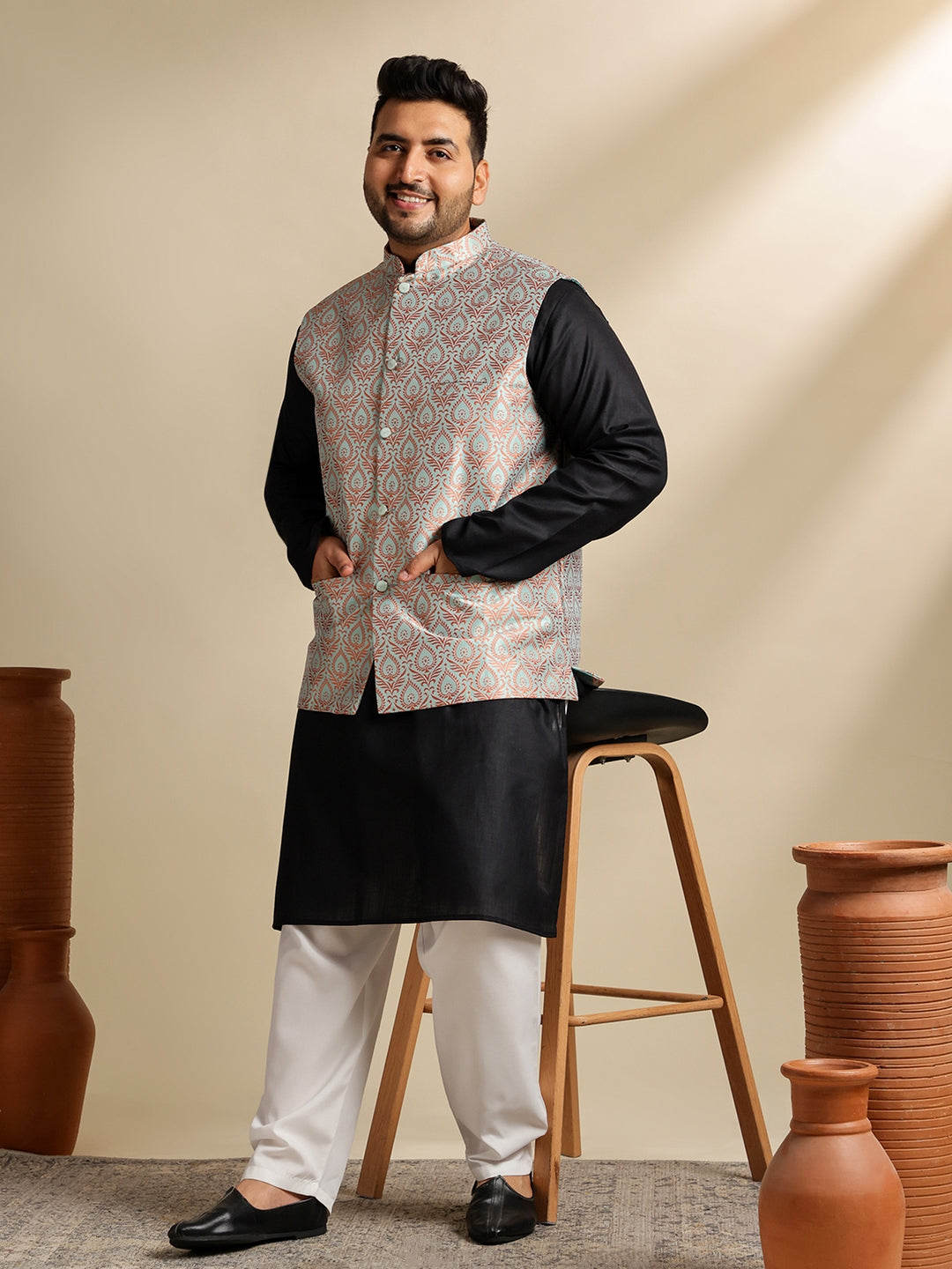 Men's Cotton Blend Black Kurta With White Pyjama & Green Nehru Jacket