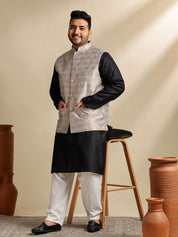 Men's Cotton Blend Black Kurta With White Pyjama & Green Nehru Jacket