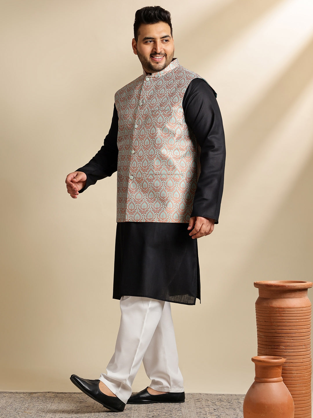 Men's Cotton Blend Black Kurta With White Pyjama & Green Nehru Jacket