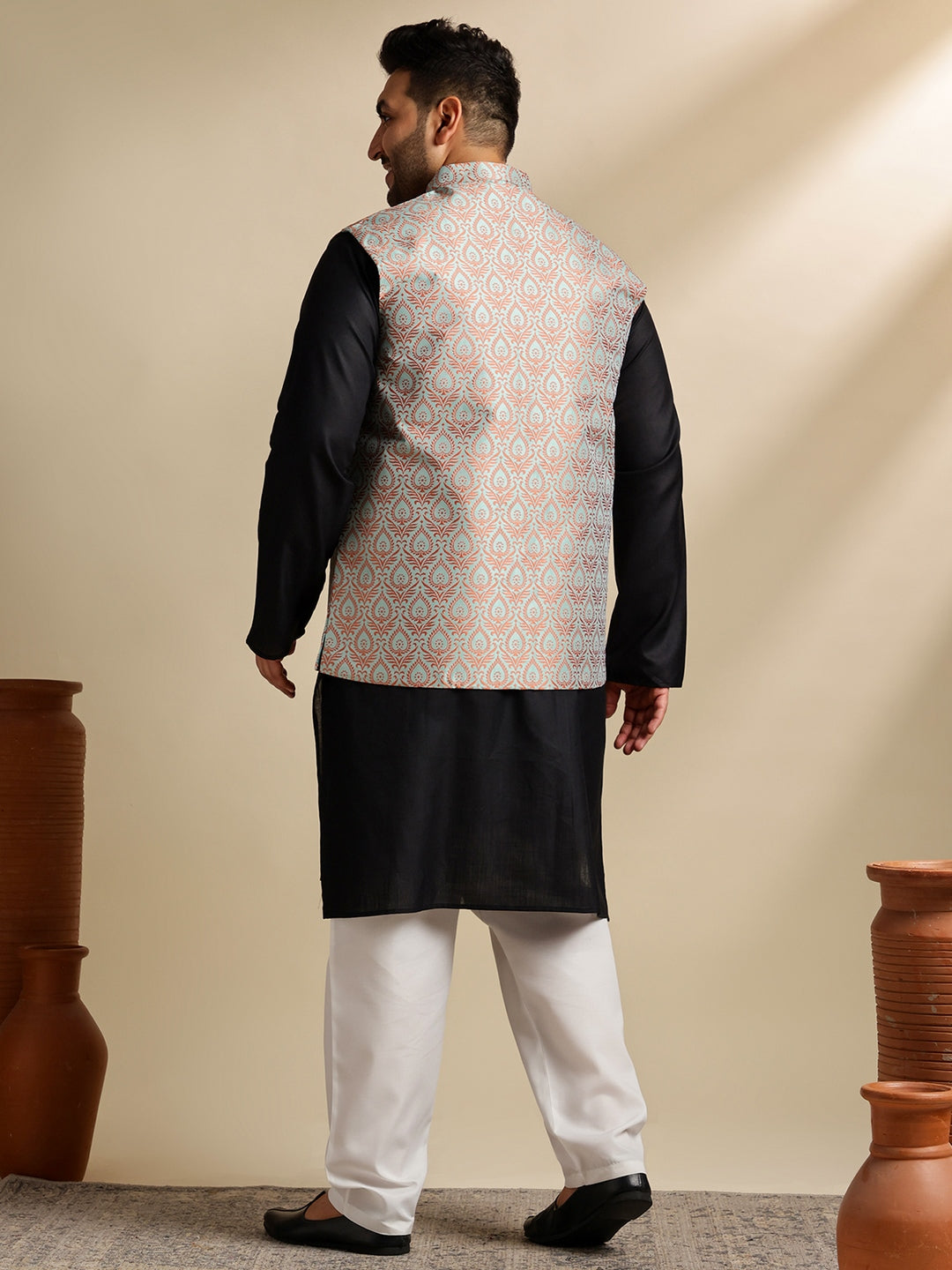 Men's Cotton Blend Black Kurta With White Pyjama & Green Nehru Jacket