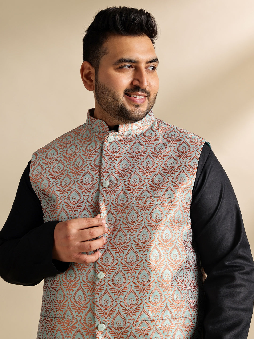 Men's Cotton Blend Black Kurta With White Pyjama & Green Nehru Jacket