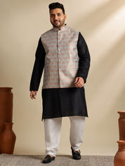 Men's Cotton Blend Black Kurta With White Pyjama & Green Nehru Jacket
