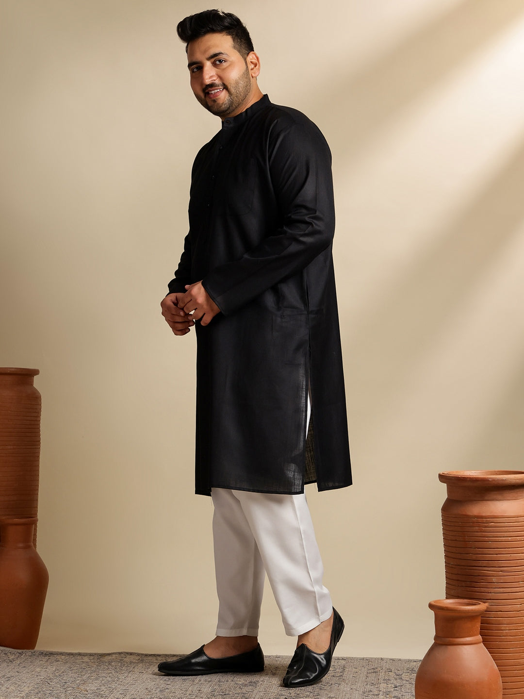 Men's Cotton Blend Black Kurta With White Pyjama & Green Nehru Jacket