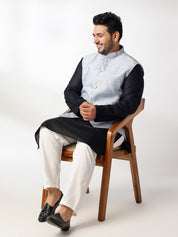 Men's Cotton Blend Black Kurta With White Pyjama & Blue Nehru Jacket