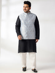 Men's Cotton Blend Black Kurta With White Pyjama & Blue Nehru Jacket