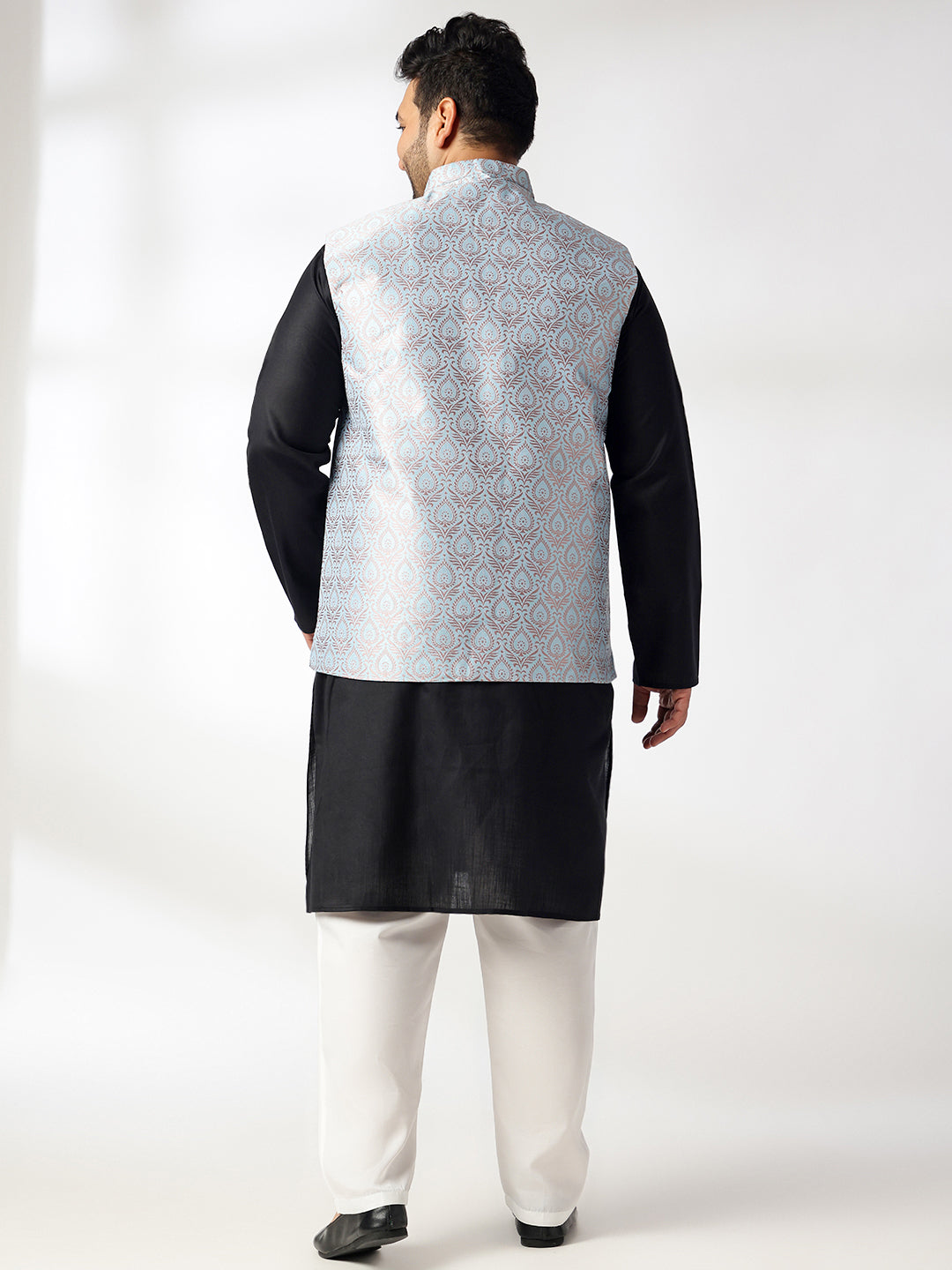 Men's Cotton Blend Black Kurta With White Pyjama & Blue Nehru Jacket