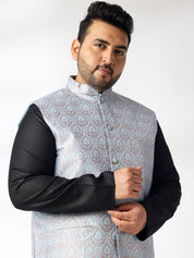 Men's Cotton Blend Black Kurta With White Pyjama & Blue Nehru Jacket