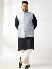 Men's Cotton Blend Black Kurta With White Pyjama & Blue Nehru Jacket