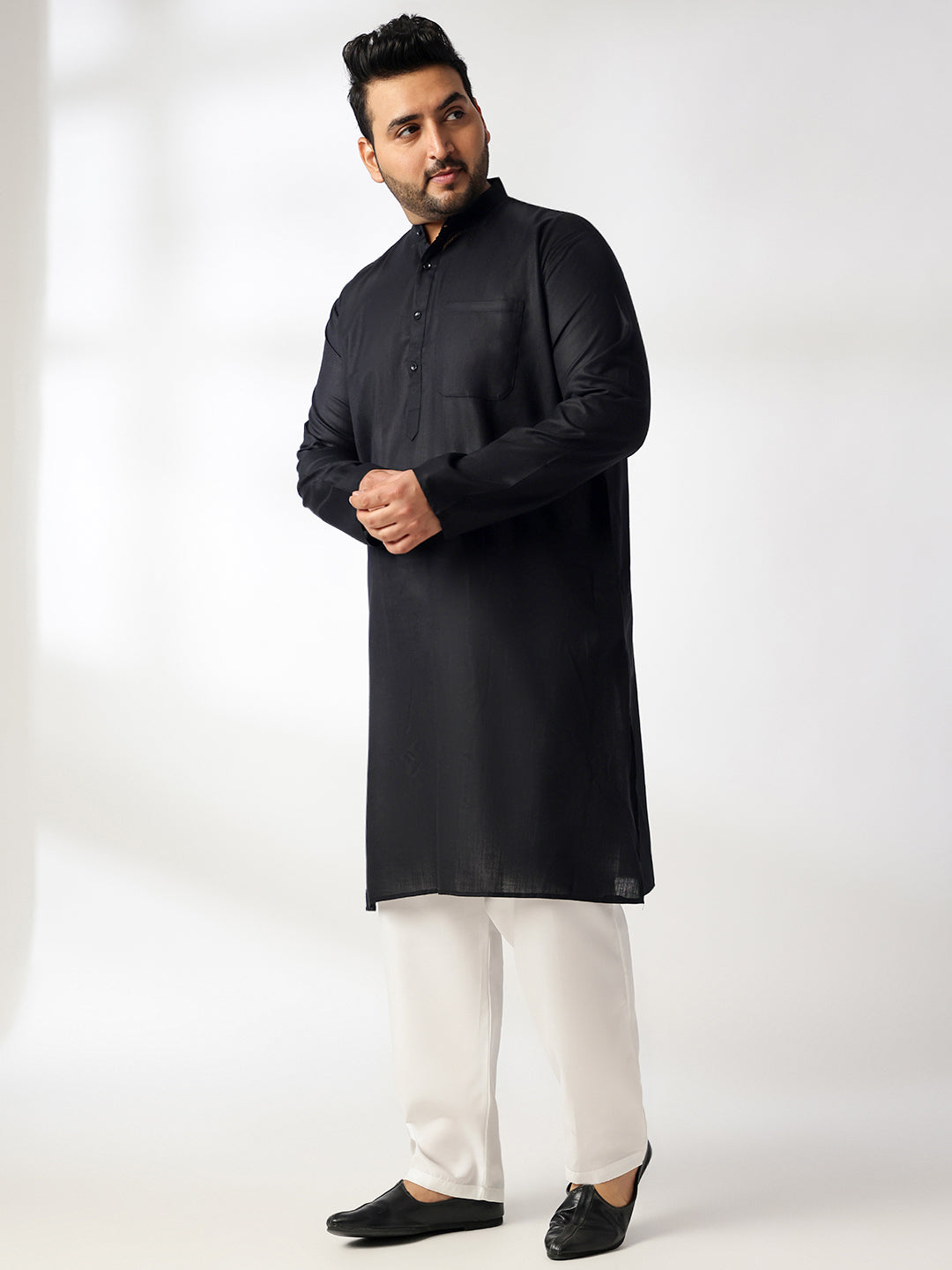 Men's Cotton Blend Black Kurta With White Pyjama & Blue Nehru Jacket