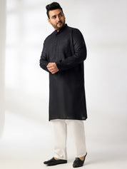 Men's Cotton Blend Black Kurta With White Pyjama & Blue Nehru Jacket