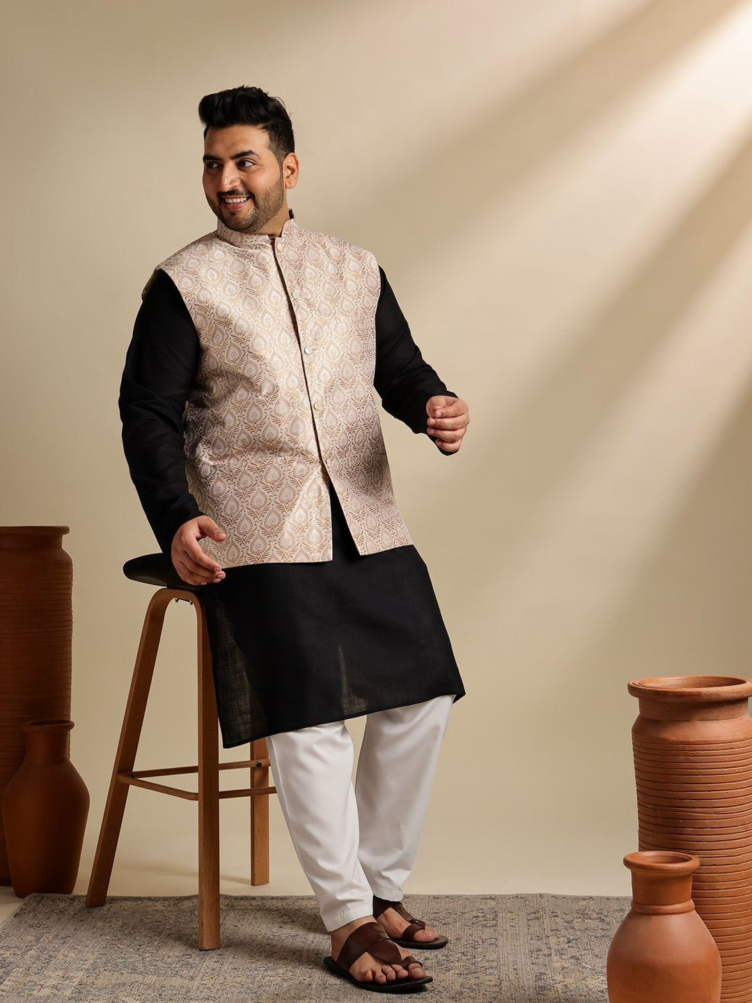 Men's Cotton Blend Black Kurta With White Pyjama & Cream Nehru Jacket