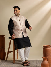 Men's Cotton Blend Black Kurta With White Pyjama & Cream Nehru Jacket