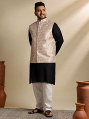 Men's Cotton Blend Black Kurta With White Pyjama & Cream Nehru Jacket