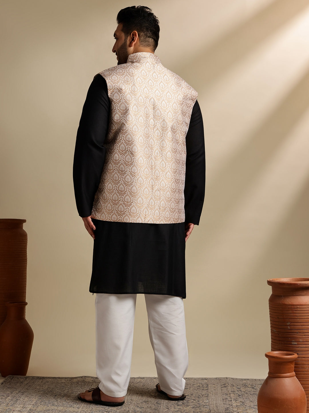 Men's Cotton Blend Black Kurta With White Pyjama & Cream Nehru Jacket