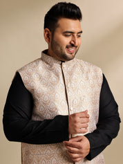 Men's Cotton Blend Black Kurta With White Pyjama & Cream Nehru Jacket