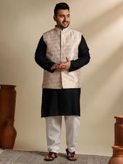 Men's Cotton Blend Black Kurta With White Pyjama & Cream Nehru Jacket