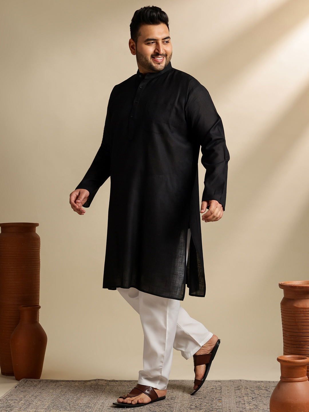 Men's Cotton Blend Black Kurta With White Pyjama & Cream Nehru Jacket