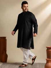 Men's Cotton Blend Black Kurta With White Pyjama & Cream Nehru Jacket