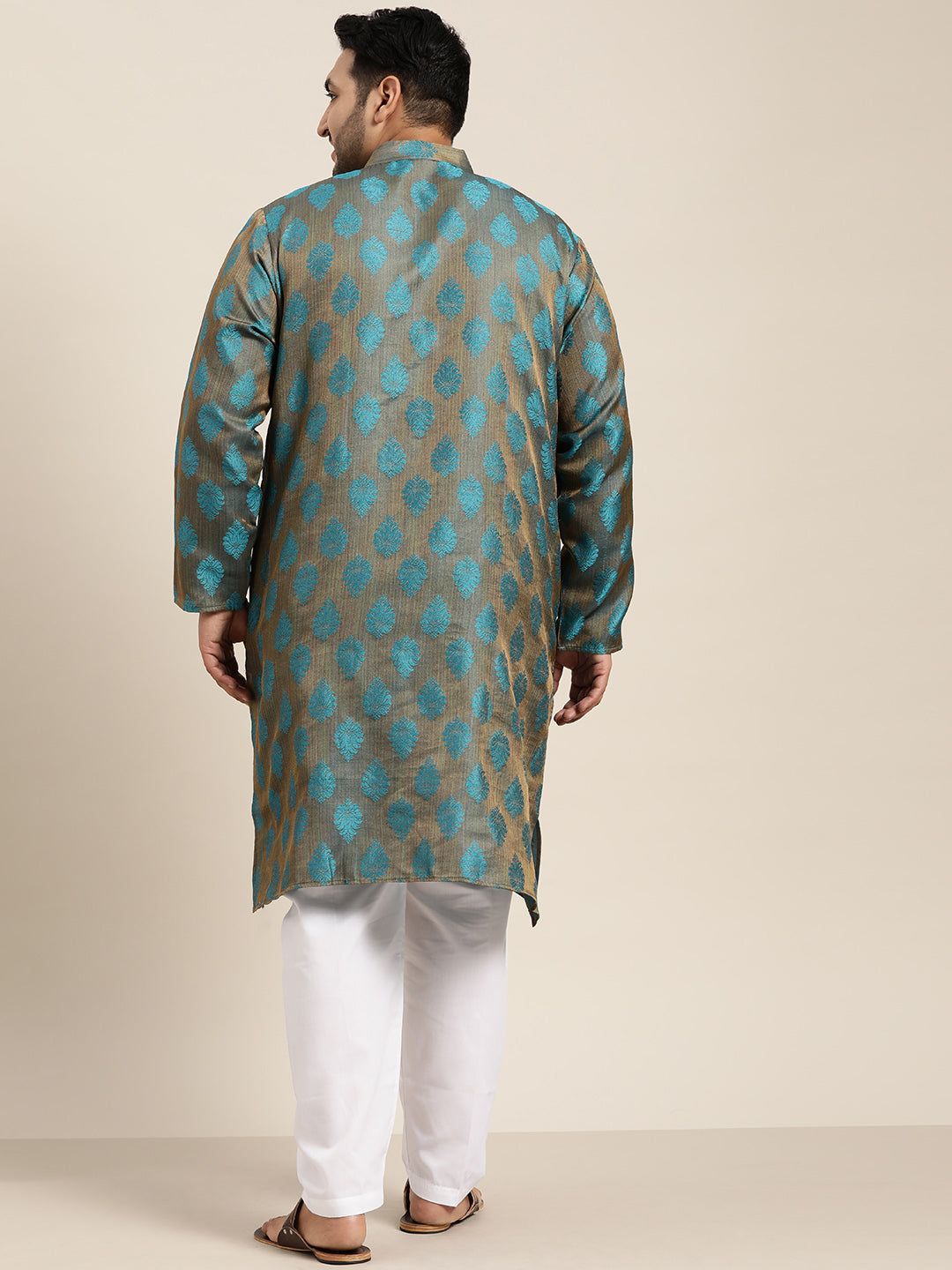 Men's Jacquard Silk Teal Blue Self Design Only Long Kurta