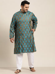 Men's Jacquard Silk Teal Blue Self Design Only Long Kurta