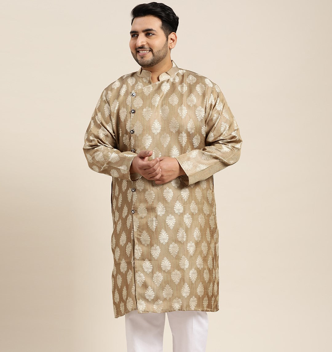 Men's Jacquard Silk Brown Self Design Only Long Kurta