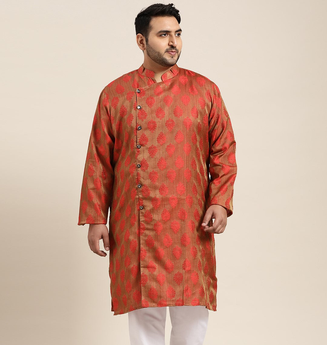 Men's Jacquard Silk Red Self Design Only Long Kurta