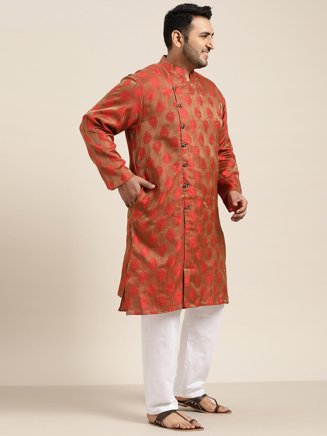 Men's Jacquard Silk Red Self Design Only Long Kurta