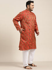 Men's Jacquard Silk Red Self Design Only Long Kurta