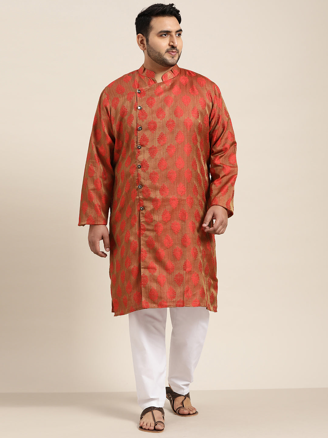 Men's Jacquard Silk Red Self Design Only Long Kurta