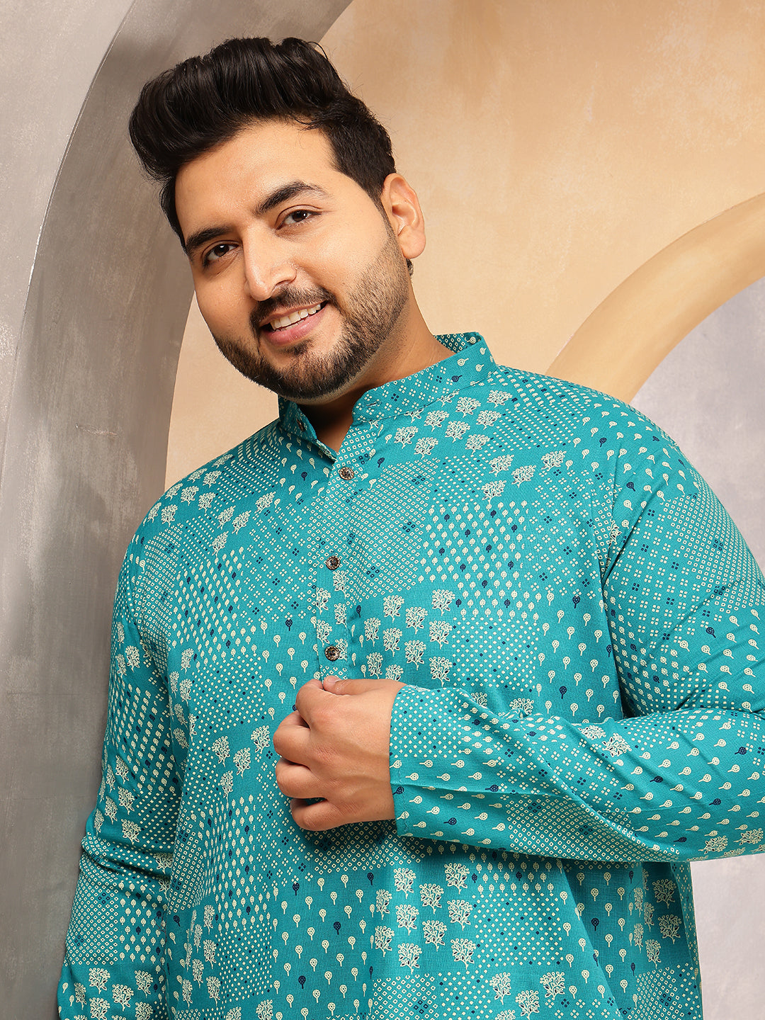 Men's Cotton Blend Sanganeri Printed Blue Long Kurta