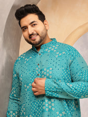 Men's Cotton Blend Sanganeri Printed Blue Long Kurta
