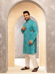 Men's Cotton Blend Sanganeri Printed Blue Long Kurta