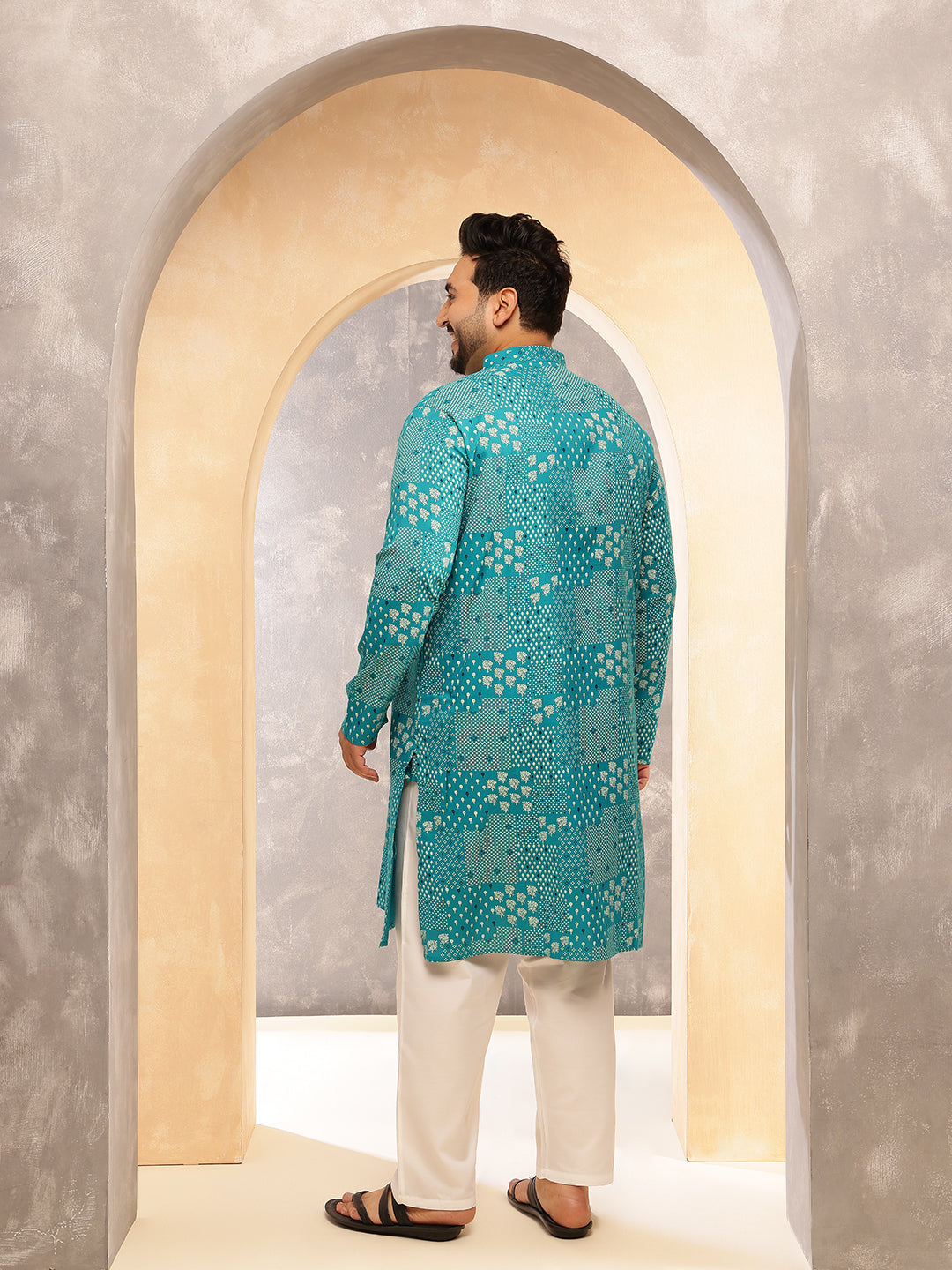 Men's Cotton Blend Sanganeri Printed Blue Long Kurta