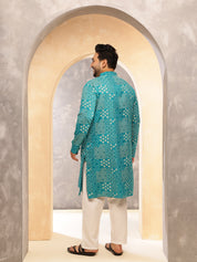 Men's Cotton Blend Sanganeri Printed Blue Long Kurta