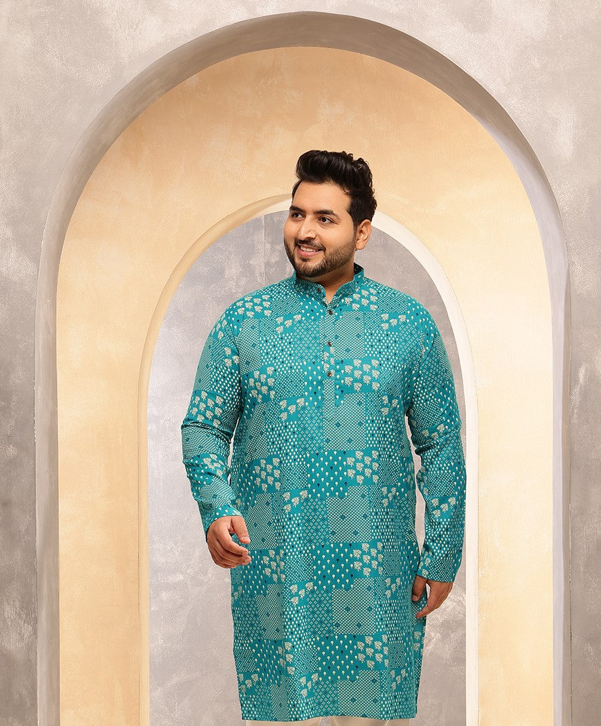 Men's Cotton Blend Sanganeri Printed Blue Long Kurta
