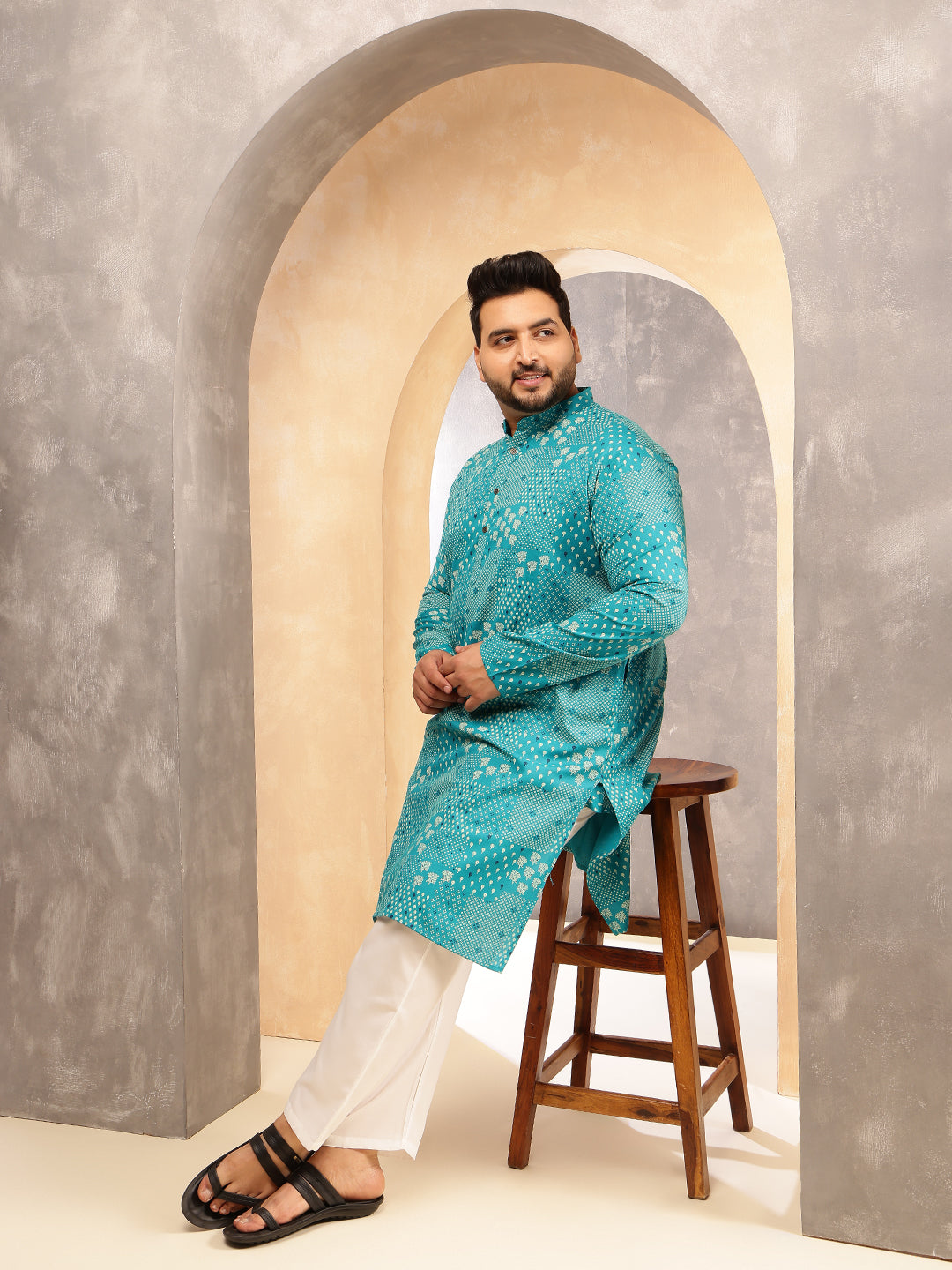 Men's Cotton Blend Sanganeri Printed Blue Long Kurta