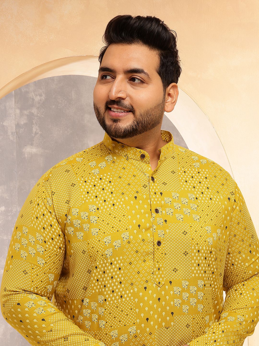 Men's Cotton Blend Sanganeri Printed Yellow Long Kurta