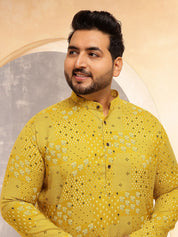 Men's Cotton Blend Sanganeri Printed Yellow Long Kurta