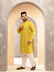 Men's Cotton Blend Sanganeri Printed Yellow Long Kurta