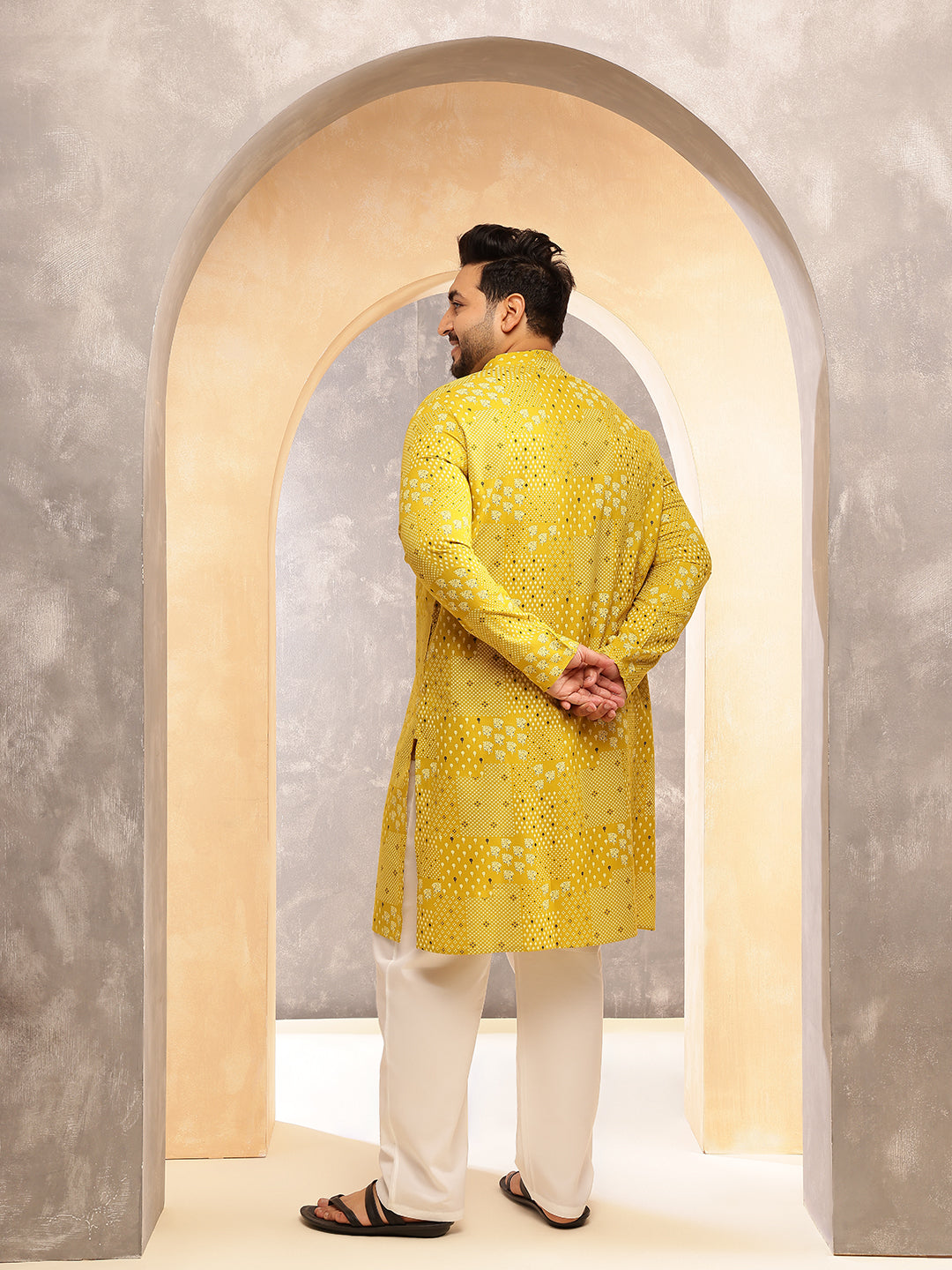 Men's Cotton Blend Sanganeri Printed Yellow Long Kurta