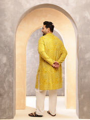 Men's Cotton Blend Sanganeri Printed Yellow Long Kurta