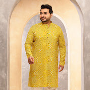 Men's Cotton Blend Sanganeri Printed Yellow Long Kurta