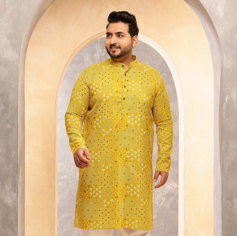 Men's Cotton Blend Sanganeri Printed Yellow Long Kurta